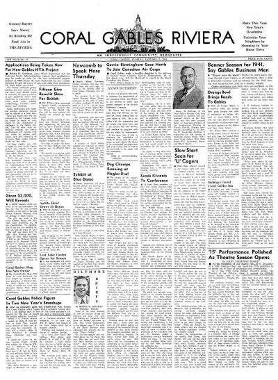 Coral Gables Riviera, 3 January 1941, front page