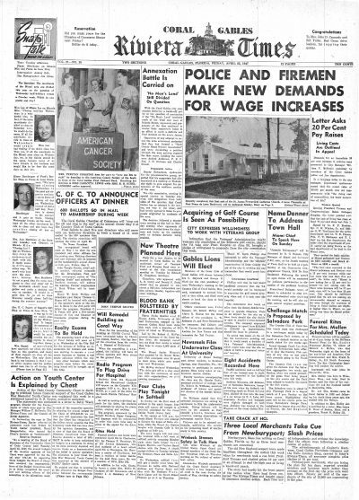 Coral Gables Riviera Times, 25 April 1947, front page