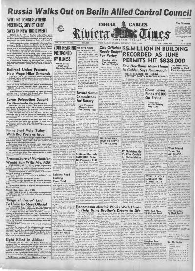 Coral Gables Riviera Times, 1 July 1948, front page