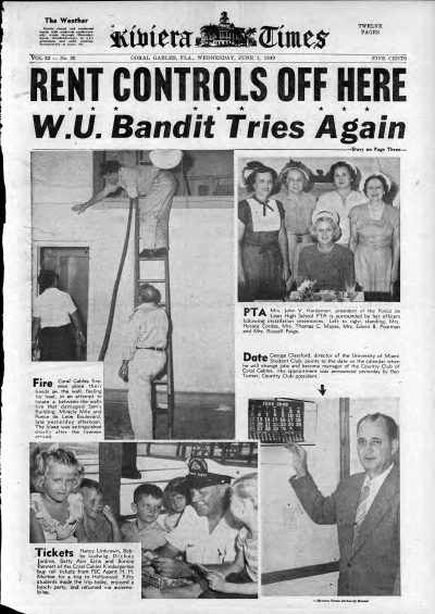 Coral Gables Riviera Times, 1 June 1949, front page