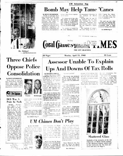 The Coral Gables Times, 15 April 1968, front page