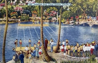 Postcard of swimmers at the Venetian Pool, Coral Gables, 1940s.